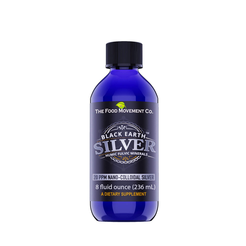 The Food Movement Black Earth Silver bottle highlights ready-to-use liquid drops for daily wellness.