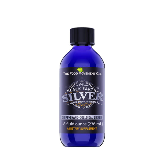 The Food Movement Black Earth Silver bottle highlights ready-to-use liquid drops for daily wellness.