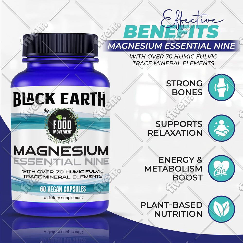 The Food Movement Co. bottle pour of Black Earth Magnesium Essential Nine for daily use