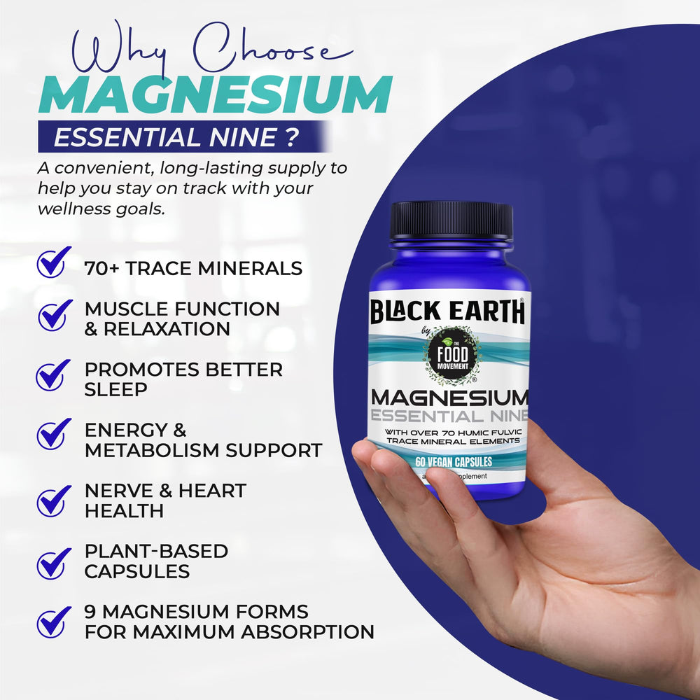Capsules with spoon of Black Earth Magnesium Essential Nine indicating easy daily use