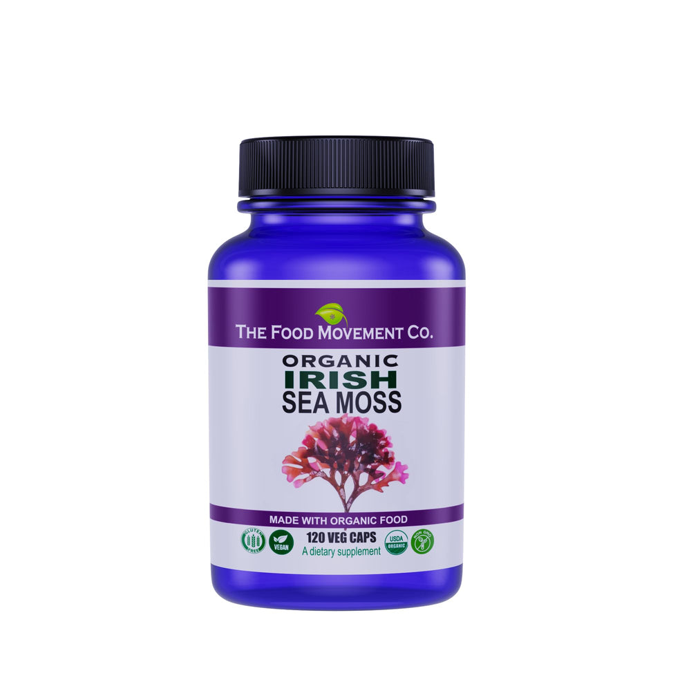 The Food Movement Co Irish Sea Moss bottle with label, rich in minerals for digestion support.