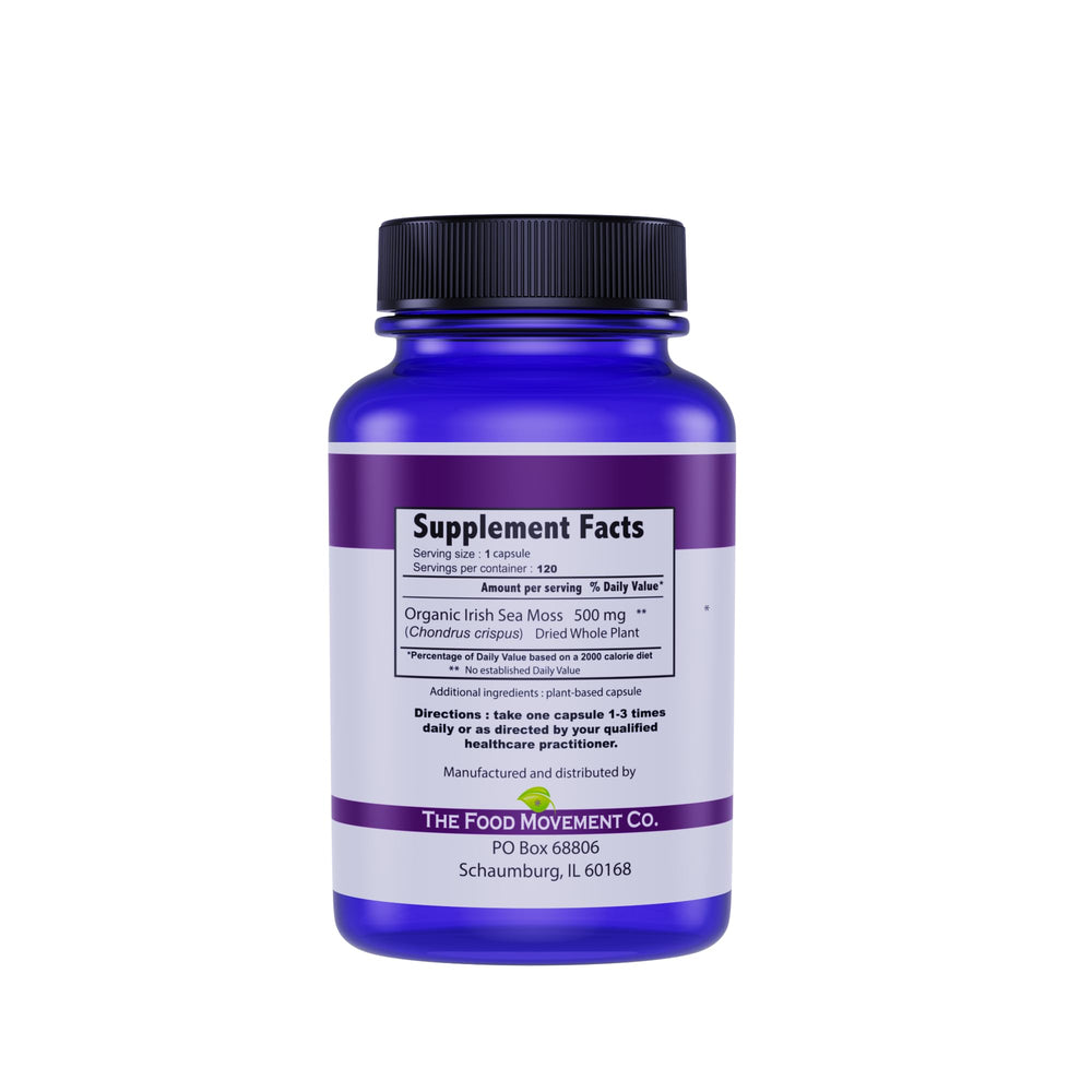 The Food Movement Co sea moss capsules pour, highlighting over 70 trace minerals.