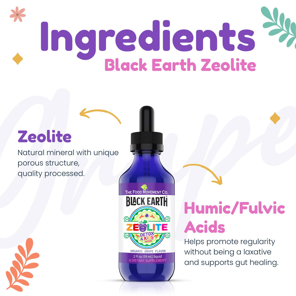 The Food Movement Co Zeolite Detox for Kids dosing guidance for caregivers.