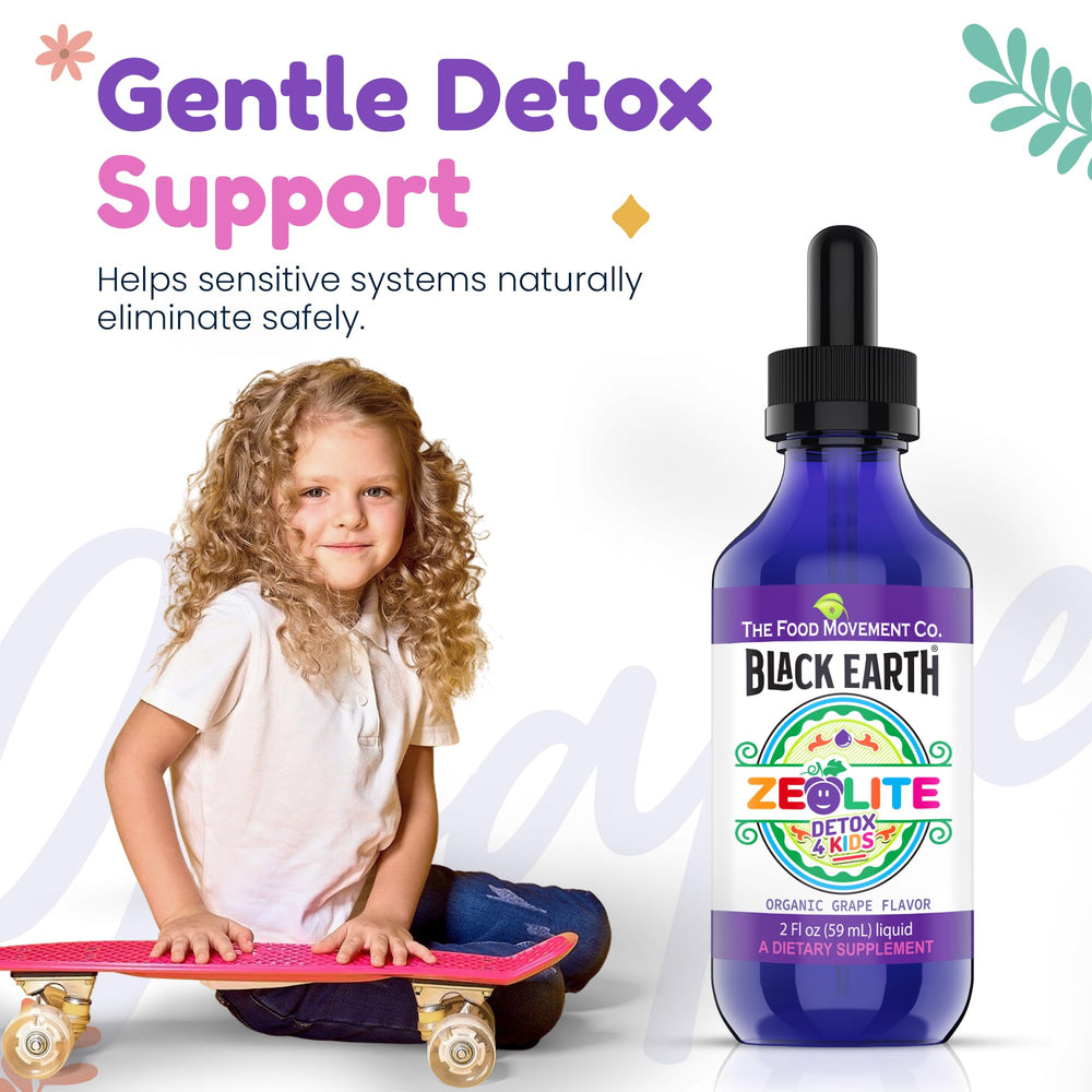 The Food Movement Co Zeolite Detox for Kids made in USA under GMP standards.