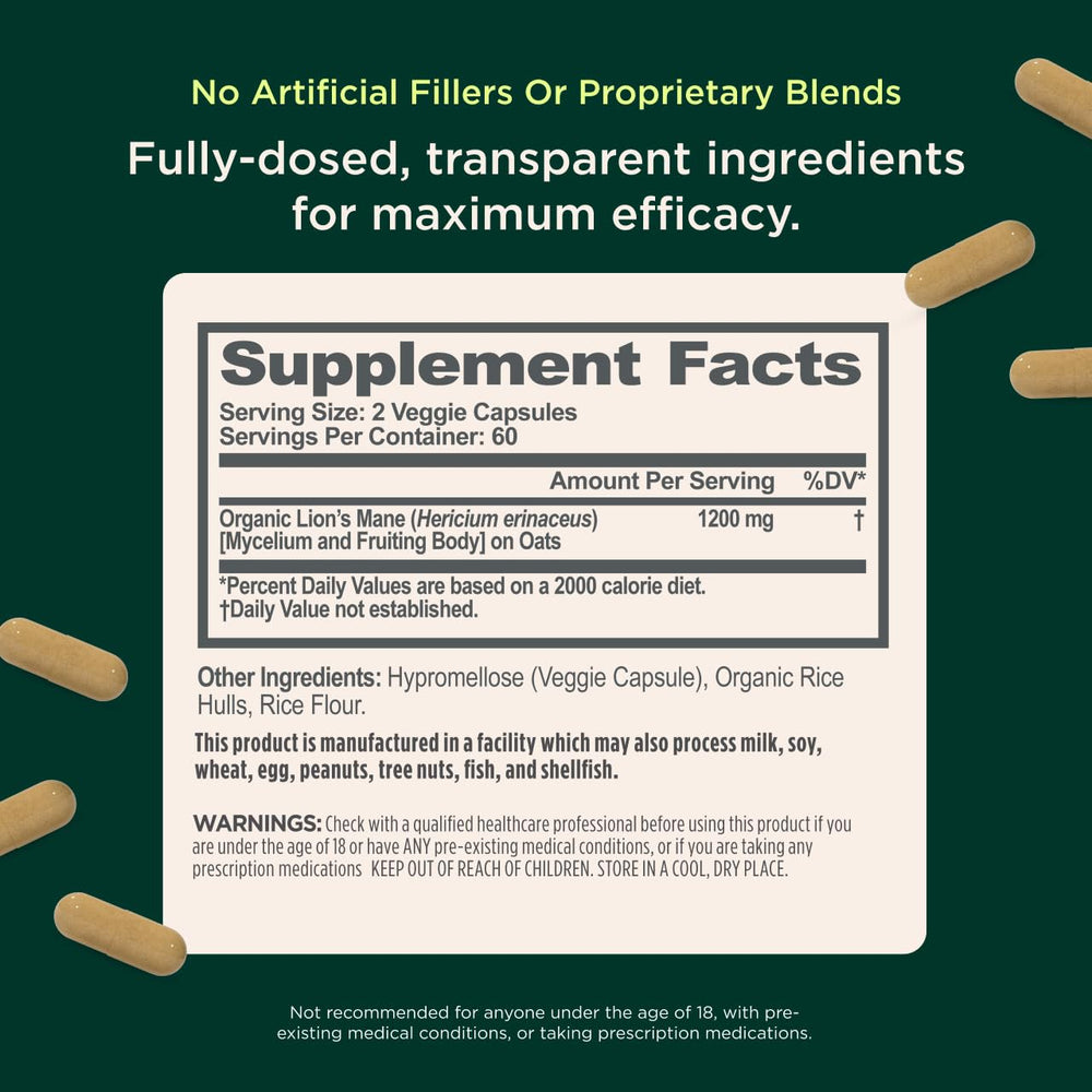 Close-up of label details displaying serving size and NSF-certified production.