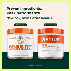 The Genius Brand Genius Test label view shows bold branding and ingredient transparency.