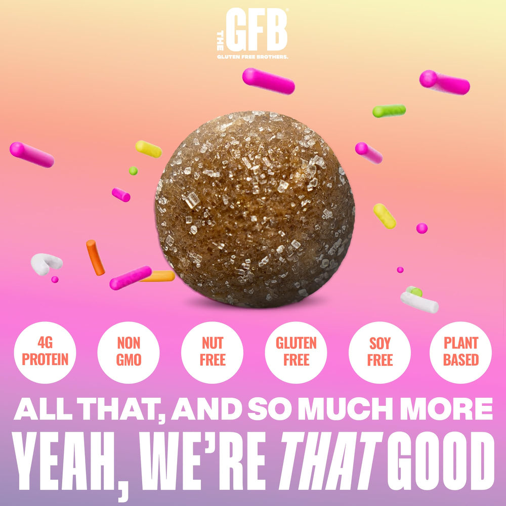 The GFB Birthday Cake Protein Bites back panel, non-GMO verified and kosher certified.
