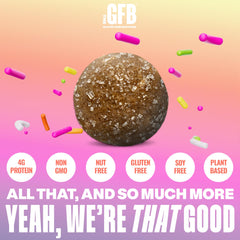 The GFB Birthday Cake Protein Bites back panel, non-GMO verified and kosher certified.