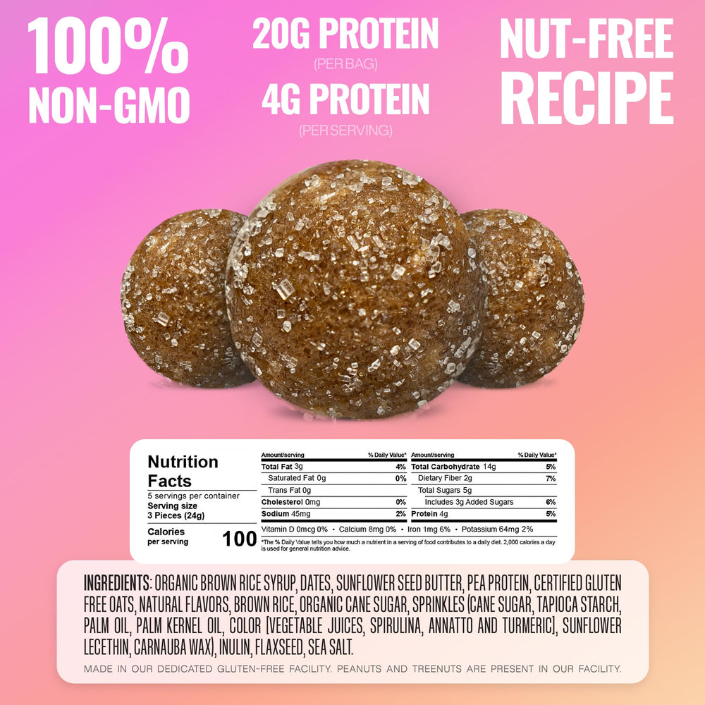 The GFB Birthday Cake Protein Bites nutrition facts panel, gluten free and nut free.