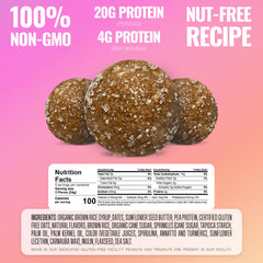 The GFB Birthday Cake Protein Bites nutrition facts panel, gluten free and nut free.