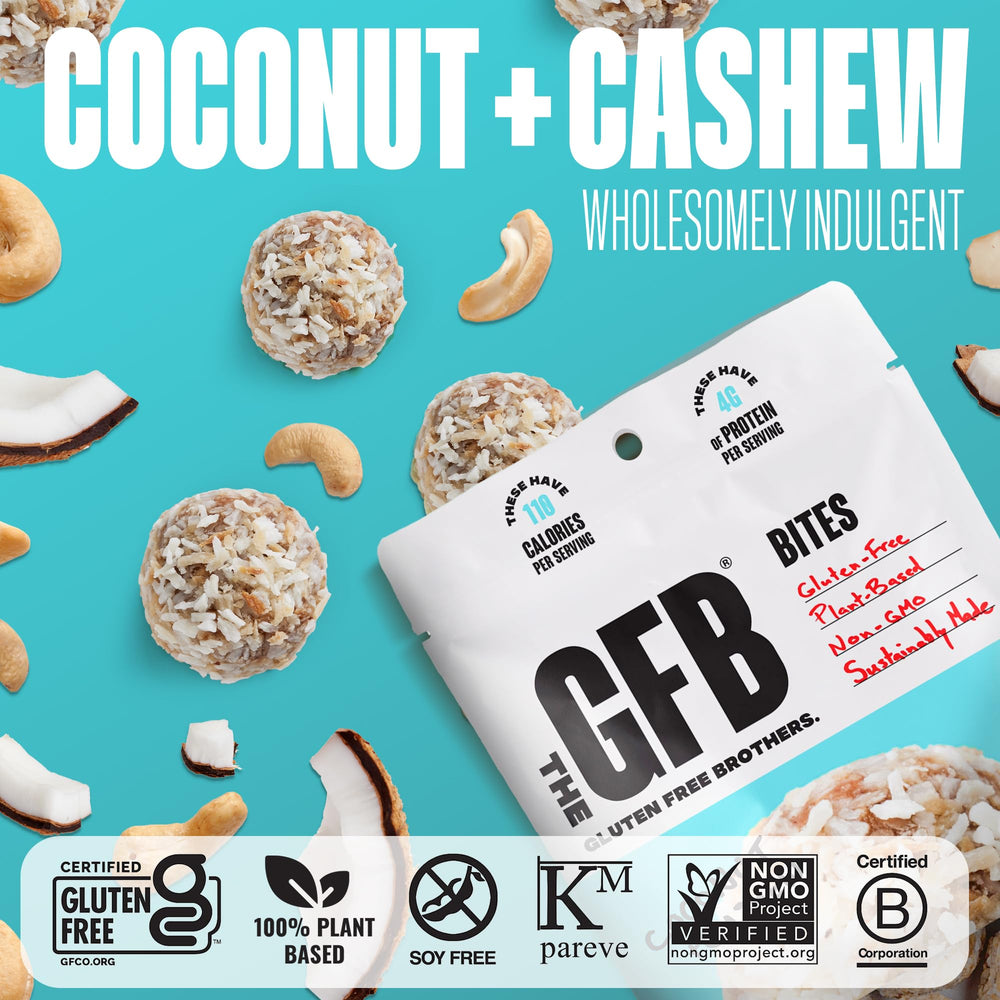 The GFB Coconut Cashew Bites in hand, portable protein snack for on-the-go.