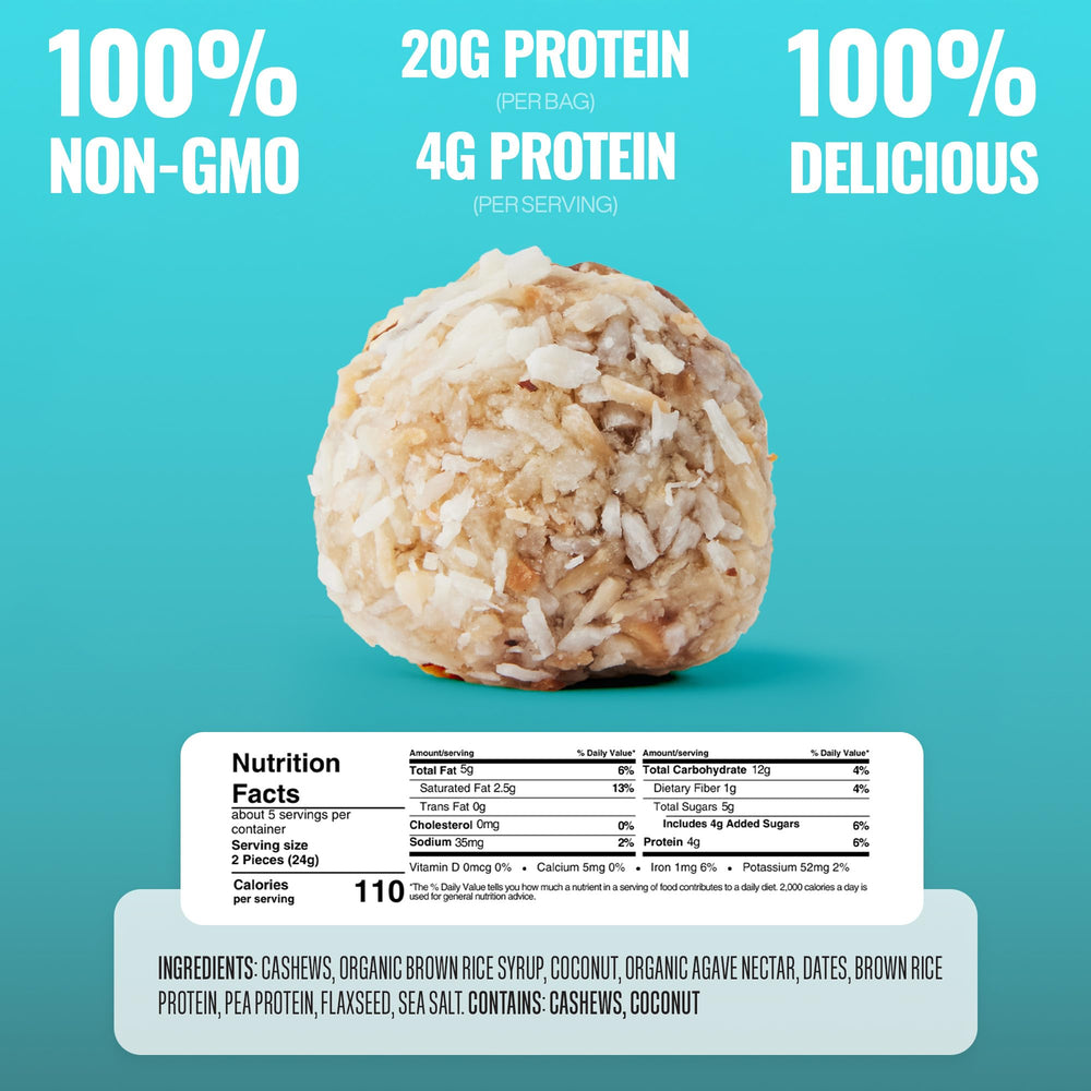 The GFB Coconut Cashew Bites ingredients closeup highlighting organic components.