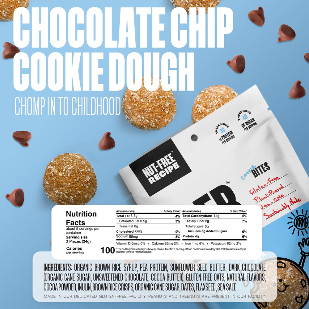 The GFB birthday cake bites in a 4oz pack, plant-based protein snack.