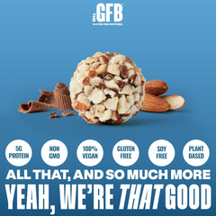 The GFB Dark Chocolate Almond Protein Bites ingredients panel highlights almonds and organic chocolate