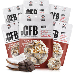 The GFB dark chocolate coconut bites pack shown for on-the-go snacking.