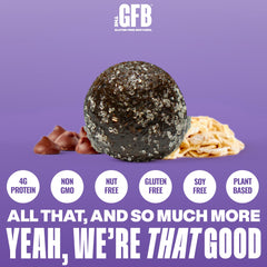 Six-pack display of The GFB bites in portable 4 oz pouches.