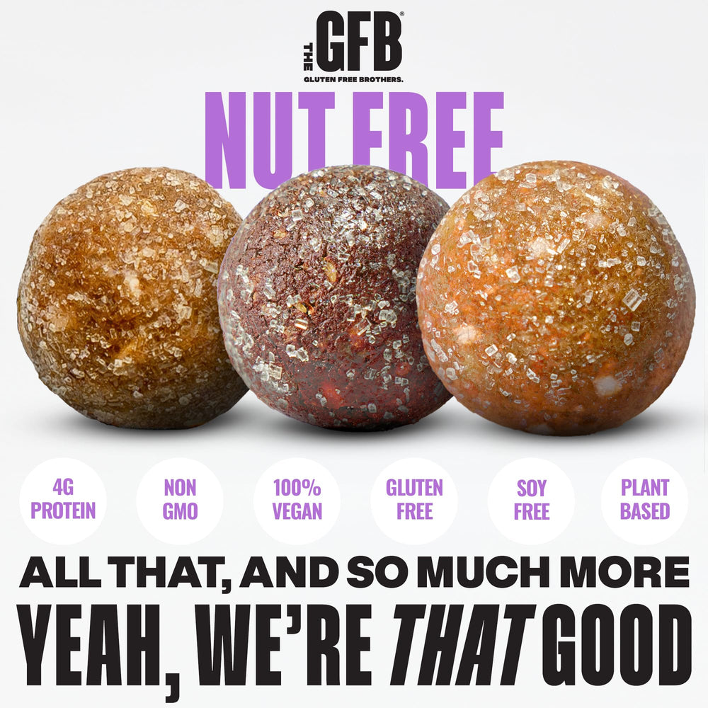 Close-up of The GFB packaging highlighting nut-free and gluten-free labels.