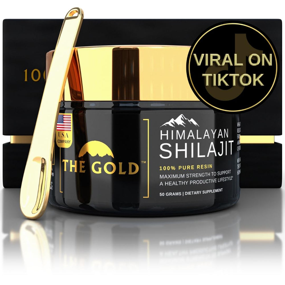 THE GOLD Shilajit Resin bottle pour showing pure Himalayan resin for daily energy