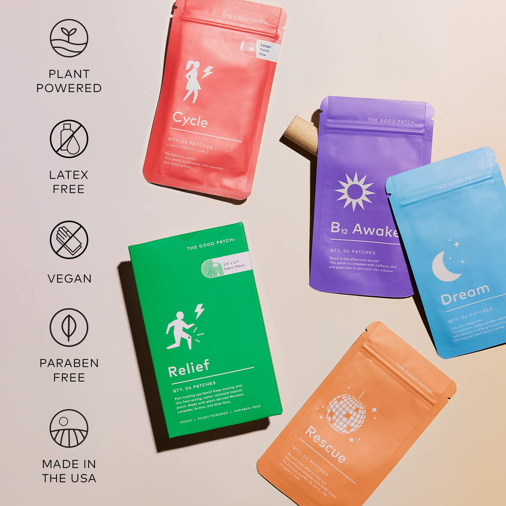 Daily routine setup showing The Good Patch patches for energy, sleep, and relief.