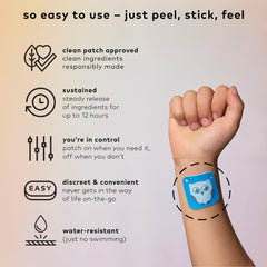 The Good Patch Nite Owl patch being applied to the inner wrist for bedtime use.