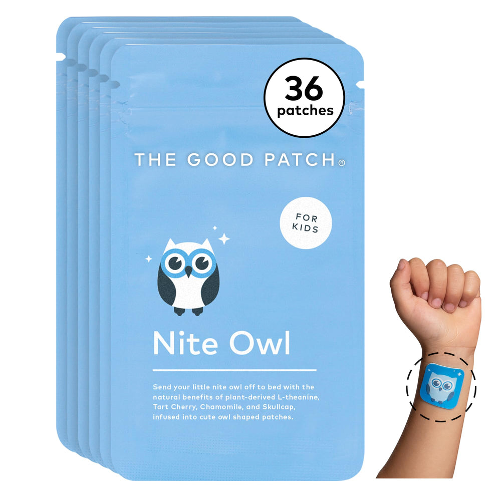 The Good Patch Nite Owl patch on a child's wrist supports a calm bedtime routine.