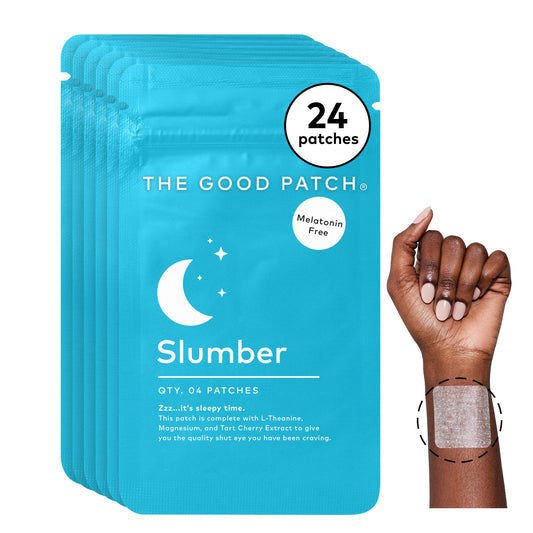 The Good Patch Slumber Patch pack sits neatly on a nightstand for easy nightly use.