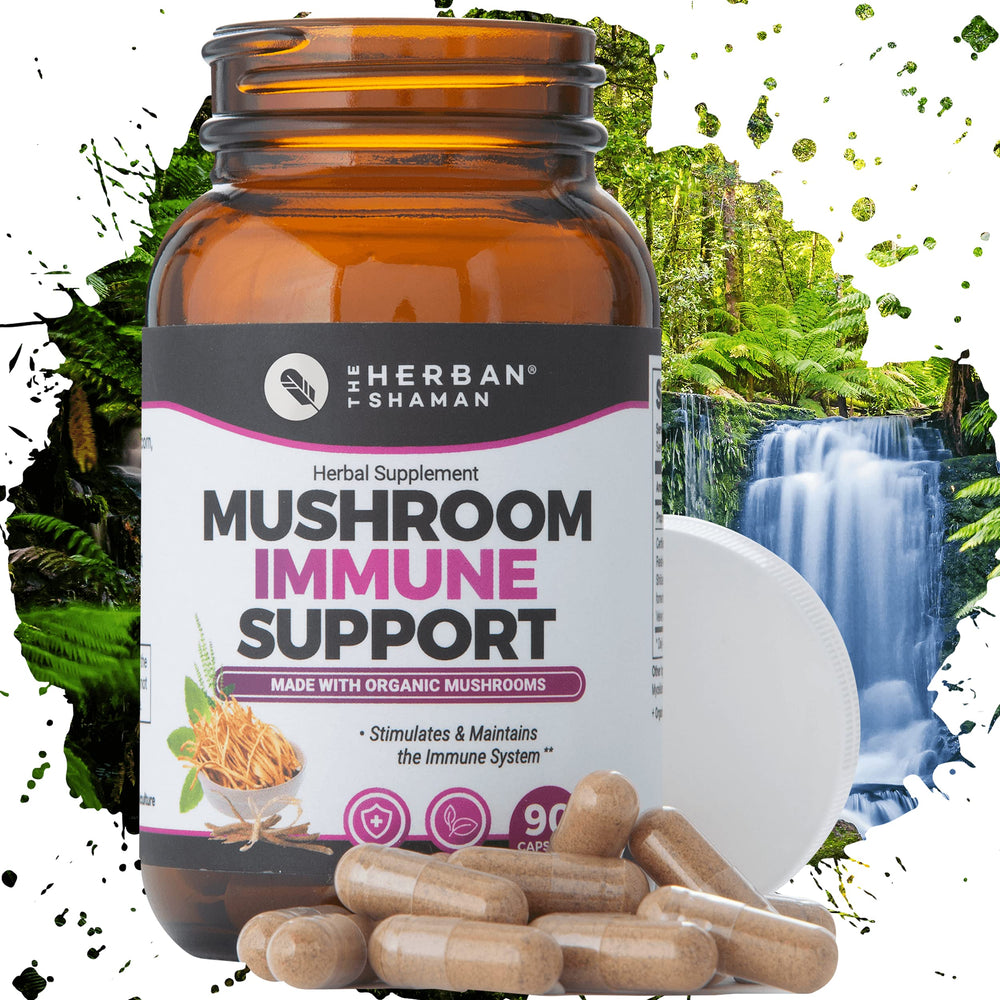 The Herban Shaman immune support bottle on wood table for daily wellness.