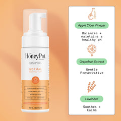 Herbal-infused formula image showing calming botanicals and pH balance of The Honey Pot.