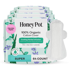 The Honey Pot Herbal Super Pads with wings pack shot showing full 64-count protection