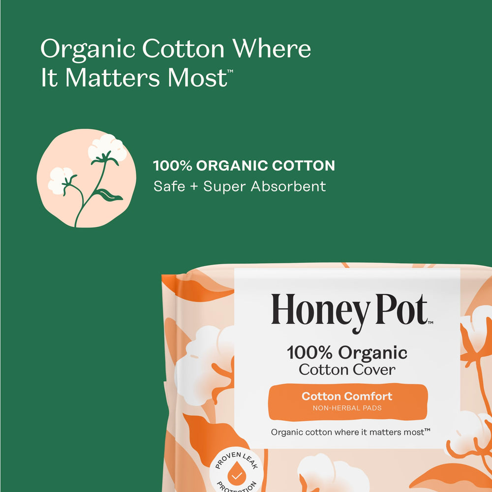 The Honey Pot non-herbal regular pads with wings organic cover supports skin-friendly use.