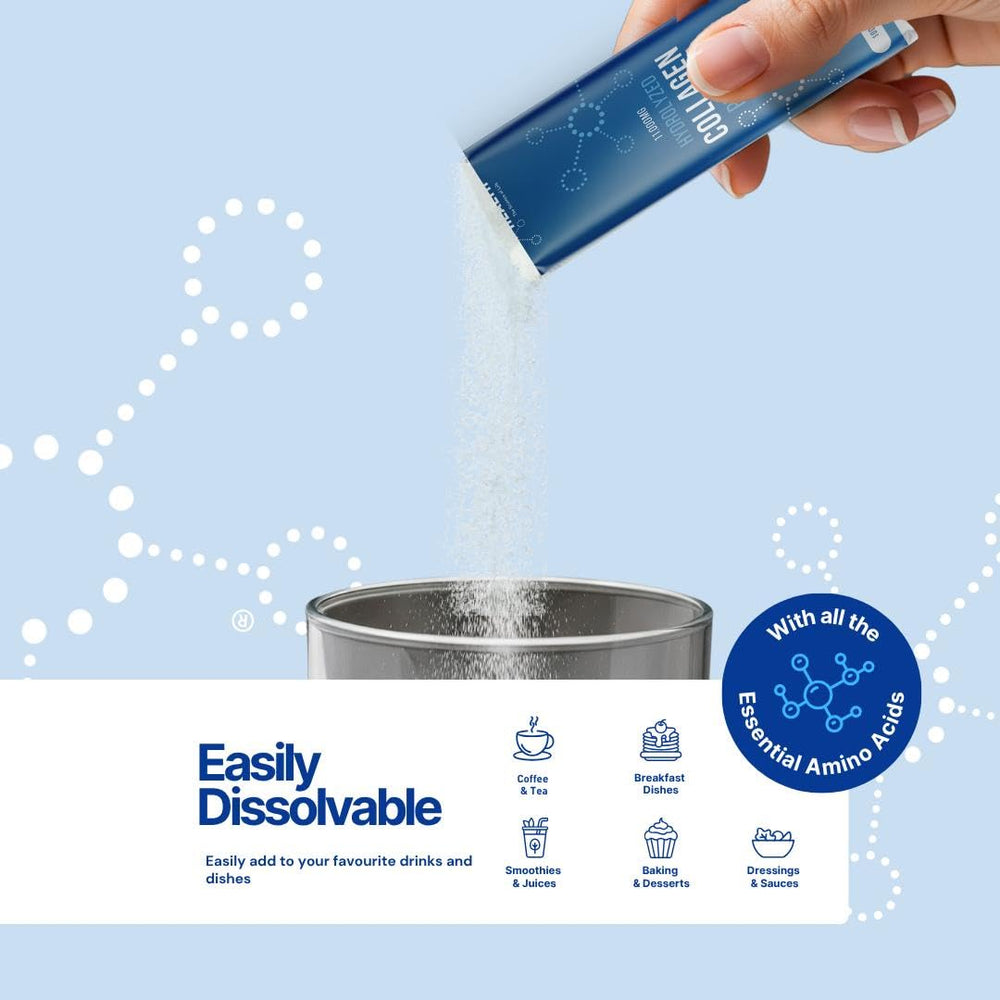 The Intelligent Health collagen powder being stirred in water showcases quick hydration.
