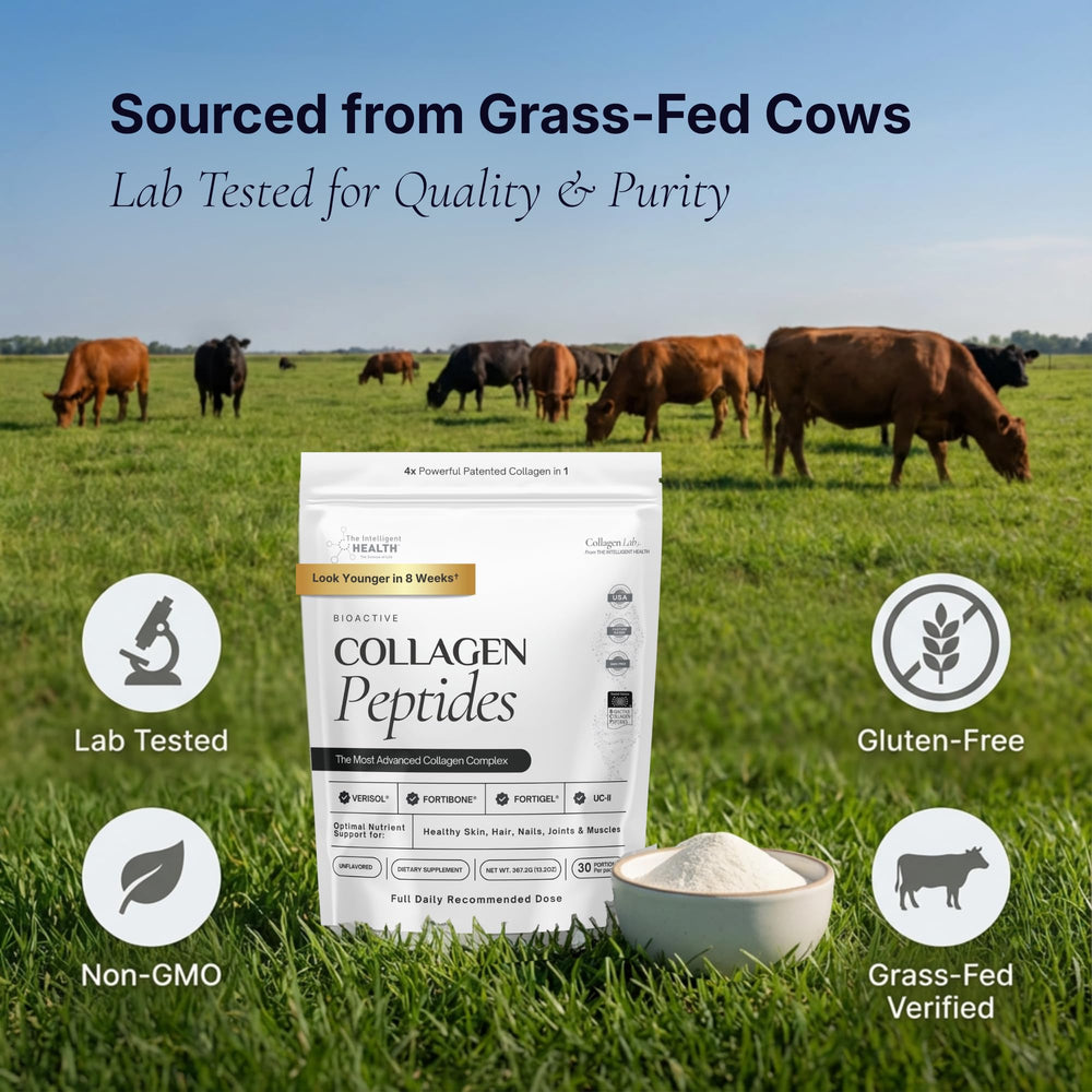 The Intelligent Health grass-fed collagen powder bottle for pure, sugar-free daily nutrition