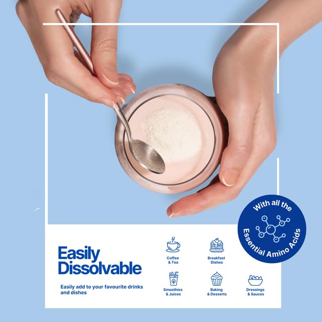 The Intelligent Health collagen powder poured into glass; blends smoothly in drinks.