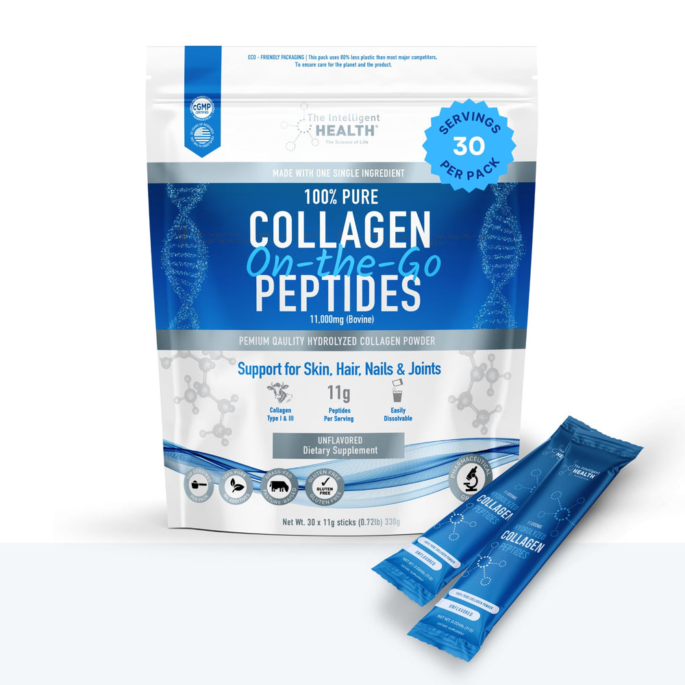 The Intelligent Health hydrolysed collagen powder bovine stick pack 30 for convenient high-protein supplementation.