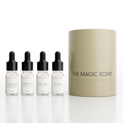 The Magic Scent Mahogany Teakwood 10ml diffuser oil bottle enhances home ambiance.