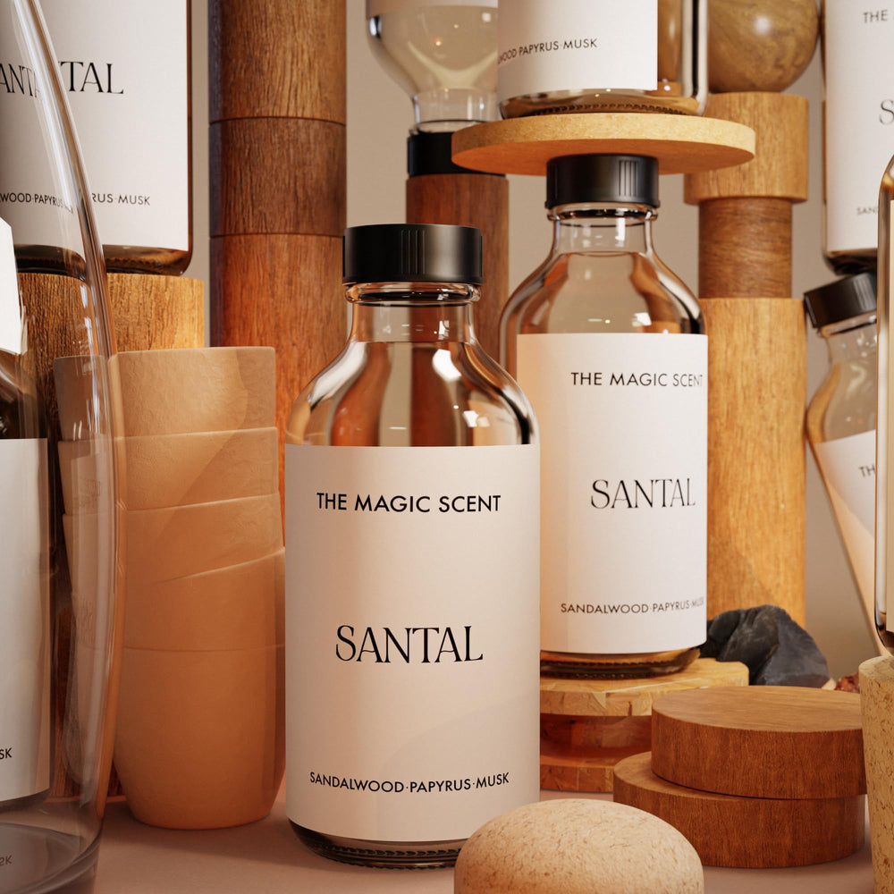 The Magic Scent Santal diffuser oil on a shelf suggests a cozy, mood-enhancing space.