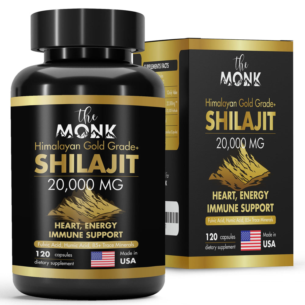 The MONK organic Shilajit gold bottle for energy support.
