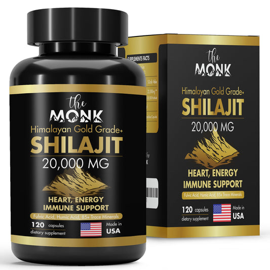 The MONK organic Shilajit gold bottle for energy support.