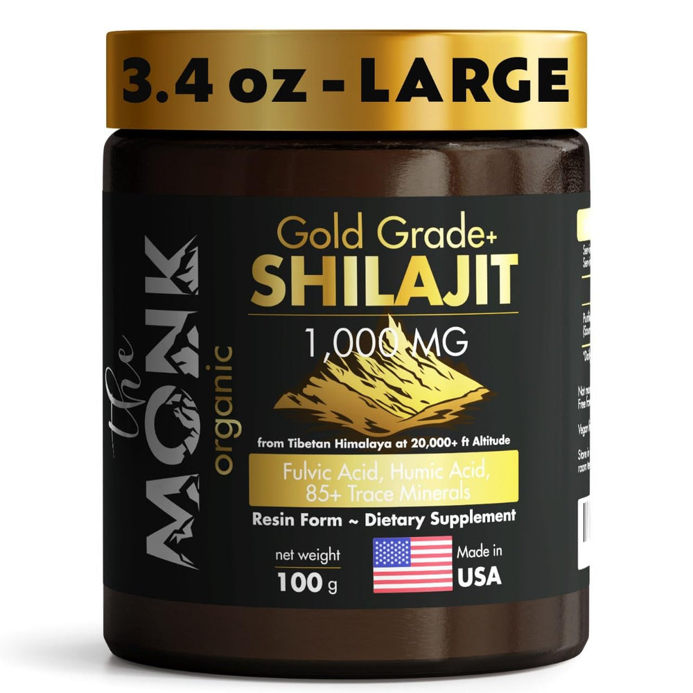 The MONK Shilajit resin jar showing high-altitude mineral source