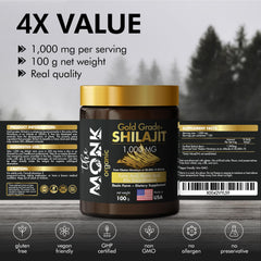 The MONK Shilajit resin 85 minerals bottle highlights mineral profile