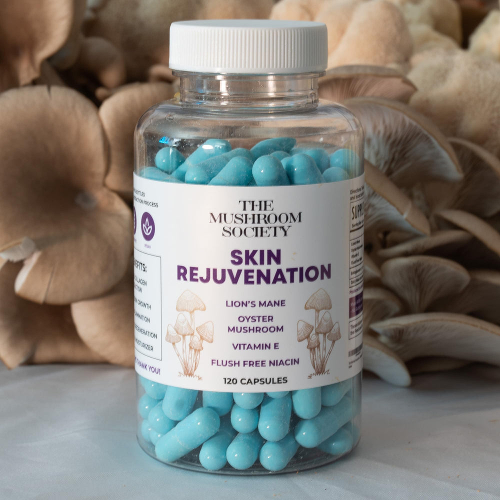 The Mushroom Society beta-glucans antioxidant complex bottle featuring cellular support.