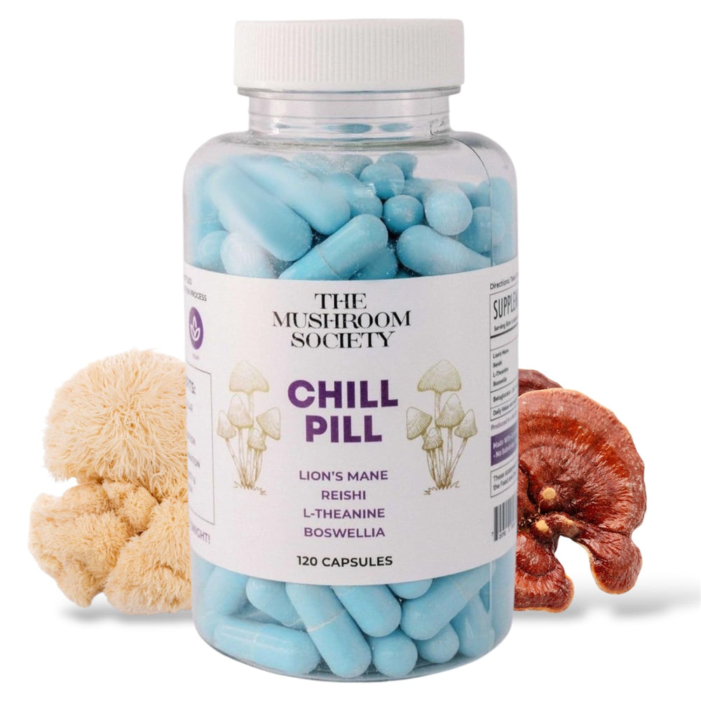 The Mushroom Society Chill Pill bottle front promotes calm and focus.
