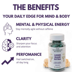 The Mushroom Society Lion’s Mane Extra capsules close-up highlighting the 1000 mg blend