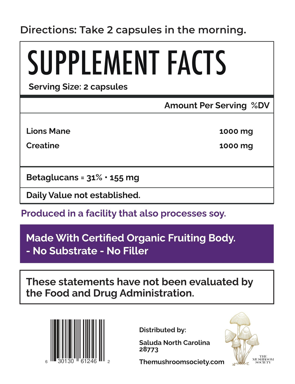 The Mushroom Society Lion’s Mane Extra label close-up emphasizing vegan, caffeine-free formula