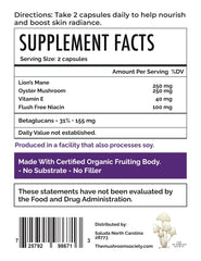 The Mushroom Society niacin-vitamin-e blend bottle highlighting antioxidant support.