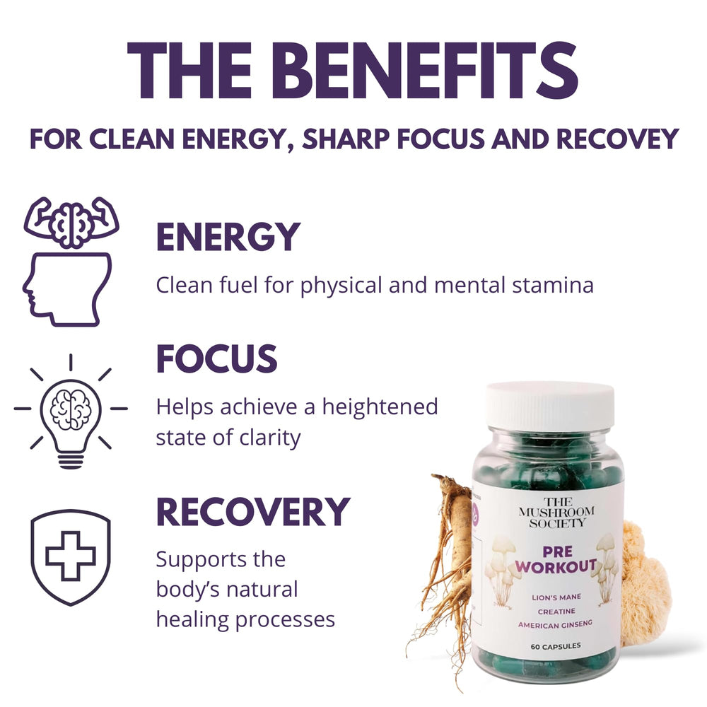 The Mushroom Society pre-workout ingredients label highlights creatine, Lion’s Mane, and beta-glucans for focus.