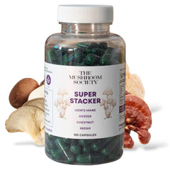 The Mushroom Society Super Stacker bottle front for daily focus and wellness.