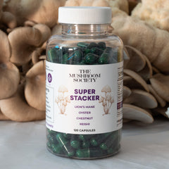 The Mushroom Society Super Stacker dose-measure image demonstrates simple daily dose.