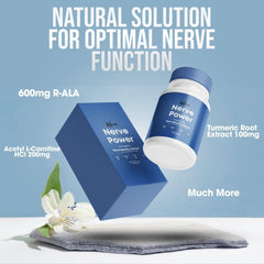 Closeup of Nerve Power capsules highlighting R-ALA 600mg for nerve health.