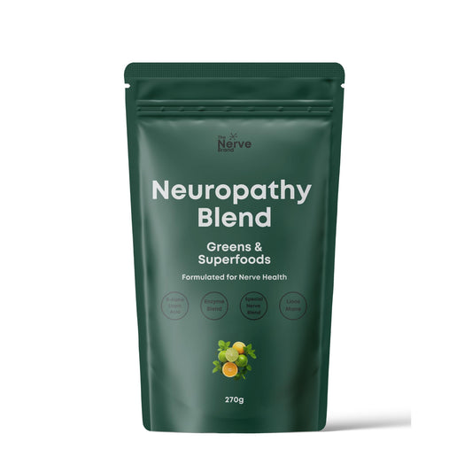 The Nerve Brand Neuropathy Superfood Blend chocolate powder in a glass, ideal for daily smoothies.
